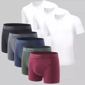 5 Farvede Bambus Underbukser og 3 Hvide V-Hals T-Shirts